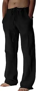 [Generic] Men's Drawstring Yoga Pant Casual Cotton Pants Men Loose Fit Drawstring Straight-Legs Beach Linen Trousers
