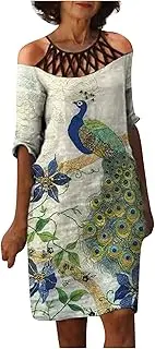 [Generic] Cold Shoulder African Dresses for Women Summer Floral Hollow Dress Linen Plus Size Knee Length Caftan Round Neck Half Sleeves Dress (Yellow X)