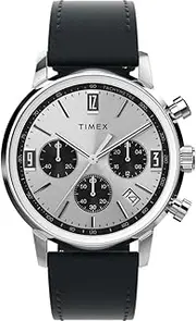 [Timex] Men's Marlin Chronograph Tachymeter 40mm Black Leather Strap TW2W10300 Dress Watch, Silver-Tone, 40mm