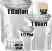 100pcs Mylar Bags for Food Storage with 150x400cc Oxygen Absorbers & Labels