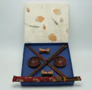Sushi Serving Set Sauce Bowls Chopsticks & Rests Dark Wood New In Box + Extra