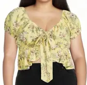 Almost Famous Peasant Sleeve Front Tie Peplum Crop Top Yellow Floral Jr. Sz XL