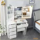 Dressing Table Stool Set Makeup Vanity Desk With Smart LED Side Mirror & Drawers