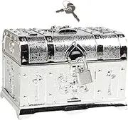 Generic Pirate Treasure Chest with Lock and Key Prize Gift Collection Storage Box Adventurous Treasure Box Prop for Necklaces Mail, Silver, 14cmx10cmx9.5cm