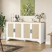 GarveeHome 62 Inch Rattan Sideboard Buffet Cabinet, 4-Door Kitchen Storage Cabinet with Shelves, Farmhouse Accent Buffet Sideboard, Console Table for Living Room, Entryway, White