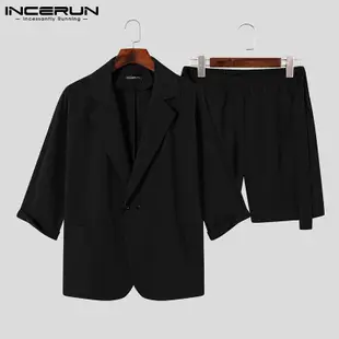 INCERUN 男士韓式時尚七分袖西裝外套+鬆緊短休閒套裝
