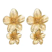 Handmade Bohemian Large Matte Double Dangle Drop EarringsMetal floral Stud Earrings For Women Gold One-Size
