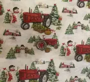 Susan Winget Christmas fabric - Snowmen & Tractors- 100% Cotton - White - BTY