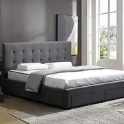 LEVEDE Queen Bed Frame, Wooden Bed Base with 4 Storage Drawers, Fabric Upholstered Mattress Platform Support, Modern Classic Bedroom Furniture, Tufted Headboard, Easy Locking System (Dark Grey)