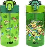 Zak Designs Teenage Mutant Ninja Turtles Kids Water Bottle For School or Travel, 16oz 2-Pack Durable Plastic Water Bottle With Straw, Handle, and Leak-Proof, Pop-Up Spout Cover (TMNT)