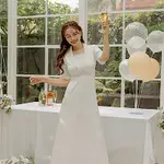 OB嚴選-韓系西裝領蕾絲拼接五分袖洋裝輕婚紗