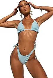 [Generic] Women's Ruffle Halter String Triangle Bikini Set Color Block Tie Side Two Piece Swimsuit