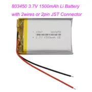 3.7V 1500mAh 5.5Wh Rechargeable Li-ion Lipo Battery 803450 JST-PH 2Pin Connector