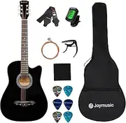 Joymusic 38 inch black beginner acoustic guitar,bundle with a strap with picks holder,digital tuner, set strings, capo,cleaning cloth,6 picks,gig bag.（JG-38C,BK）