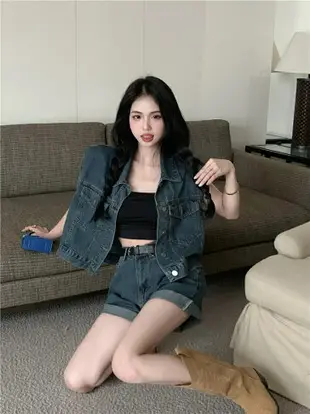 香港復古時尚無袖牛仔馬甲外套女夏季辣妹洋氣短款上衣