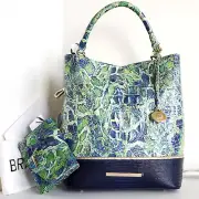 Brahmin Amelia Bucket Green Viper Mackay Leather Shoulder Bag + Wallet NWT
