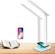 LED Desk Lamp with Wireless Charger & USB Charging Port, 12W Table Lamp with 7 Brightness Levels & 5 Color Modes, Touch Control, Foldable Design, Reading Lamp for Home Office, Bedroom (Silver White)