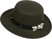 [NiceYnn] Classic Vintage Wool Wide Brim Flat Top Pork Pie Boater Hat, Adjustable Pearl Band Fedora Church Derby Felt Cap for Wedding Party Talent Show