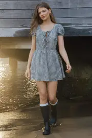 Black Check Mini Dress Ribbon Detail - Size 16XL, Women's Skater Dress