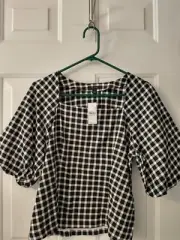 NWT Ann Taylor Short Balloon Sleeve Side Zip Black Gingham Cotton Top sz 6