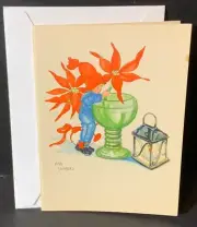 VTG Aina Stenberg Swedish Christmas Card UNUSED Tomte Elf Gnome With Poinsettias