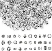 200PCS Spacer Beads Tibetan Antique Silver Bead Spacers, Assorted Styles Metal Filigree Seed Beads Alloy Loose Charm for DIY Jewelry Making and Crafts(1-5mm Hole)