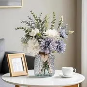 DelSol Artificial Flowers with Vase Silk Dahlia Faux Flowers Arrangement with Glass Vase Exquisite Fake Flowers Bouquet for Home Decor Decoration Table Centerpiece (Dahlia)