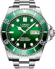 [LOREO] Mens Silver Stainless Steel Sapphire Glass Blue Rotating bezel Men's Automatic date week Watch