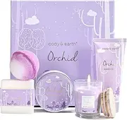 Body & Earth Bath Spa Gifts for Women - Gift Set for Women, 5 Pcs Bath Set with Orchid Scented Candle, Body Butter, Hand Cream, Bath Bar and Bath Bomb, Birthday Gifts Box for Women, Valentines Day Gifts.