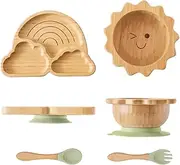 Ikubigu Bamboo Suction Plates Bowls Set for Baby Toddler Divided Platter Food Bowl with Silicone Fork & Spoon All-Natural Kids Feeding Set for Baby-Led Weaning, Non-Slip Design