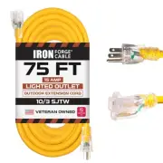 75 Foot Lighted Outdoor Extension Cord - Yellow 10 Gauge 3 Prong Grounded Plug