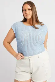Blue Textured Top Short Sleeve