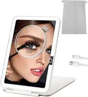 LUKYMIRO Rechargeable Travel Makeup Mirror with Lights and10x Magnification, 70 LEDs 3 Color Lights, Desk Foldable Beauty Mirror, Portable Lighted Mirror with Carrying Case