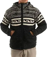 [Woolmandu] Men Fleece Full Zip Jacket - Winter Front Zipper 100% Wool Sweater, Stand Collar Sleeve Adjustable Hooded Pullover, Black
