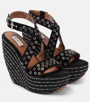 [Alaia] Alaïa Embellished suede wedge sandals AU 6 black