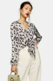 New Topshop Women's Scribble Tulip Shirt Top Tie Front Ivory Long Sleeve Blouse
