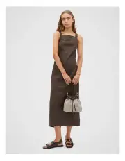 [Seed Heritage] Linen Square Neck Bias Slip Dress in Dark Espresso