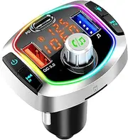 GizmoVine Bluetooth Adapter Car, FM Transmitter Car with Dual USB Ports QC 3.0 Type-C PD Quick Charge, Support Mobile Phone Hands-Free System, Music MP3 Player, SD Card, 7 RGB Lighting Modes