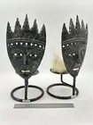 Set Of Two Unique 8.5 Metal Face Figurine Candle Holder - Made In Indonesia