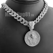Silver Plated Alloy King Tut Pharaoh & Iced Cubic Zirconia Cuban Chain Necklace