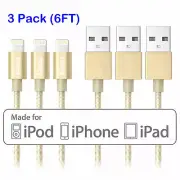 3X Lightning Cable 6Ft iPhone iPad iPod Charger Cord MFi Certified Nylon Gold