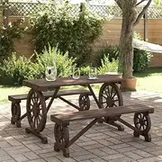 Fir Wood 3 Piece Outdoor Dining Set - Patio, Garden, Chairs, Table, Bench, for Lawn, Deck, Balcony