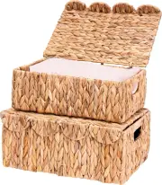 Scalloped Edge Wicker Basket with Lids Rectangle Storage Built-In Handles Rattan