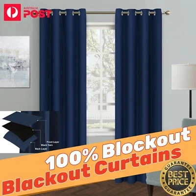2X Blockout Curtains Thermal 100% Blackout Curtains Fabric Pair Eyelet Bedroom