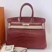 在飛比找Yahoo!奇摩拍賣優惠-Hermes birkin 35 霧面鱷魚玫瑰木粉銀扣柏金包