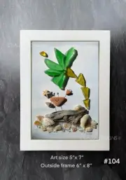 NEW 5” x 7” Framed Handmade Sea Ocean Beach Glass Pebbles, Ceramic Clay Crab
