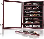 Knife Display Case for Collections, Pocket Knife Display Case with HD Tempered Glass, Lockable Storage Cases with Removable Shelves, Wall-Mounted 7-Layer Wood Cabinet, Red