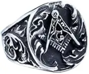 [Ymall] Vintage Style Masonic Ring, Silver-Toned Stainless Steel, Carved Compass Design