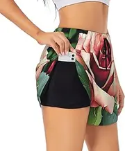[GaxfjRu] Rustic Rose Flowers Print Women's Running Shorts High Waisted Running Shorts Pocket Sporty Gym Elastic Short