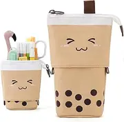 Cute Pencil Case Standing Pen Holder Telescopic Makeup Pouch Pop Up Cosmetics Bag with Kawaii Smile Face Stationery case Office Organizer Box for Girls/Boys Students Women Adult (Brown)